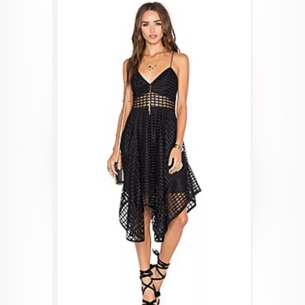 NBD Revolve Cocktail Dress in Black Semi Sheer Mesh Ruffle Sleeveless Gown S EUC